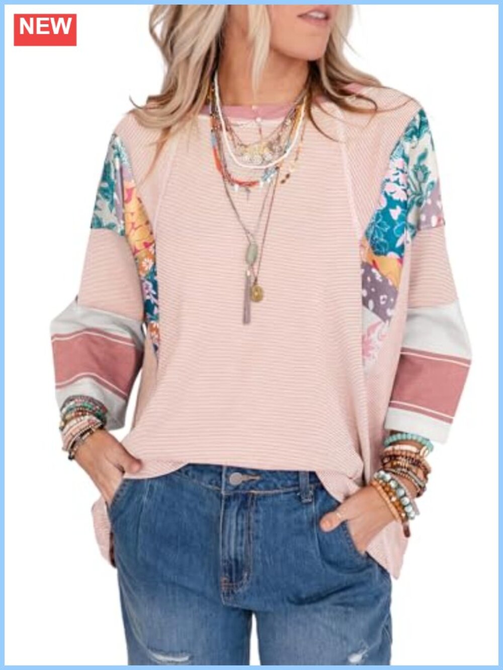 Boho Patchwork Blouse 3/4 Sleeve Crew Neck Relaxed Fit Women's Top